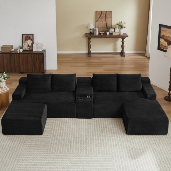 English Elm Compressible Corduroy U-Shaped Sectional Cloud Sofa Modular Living Room Couch Black W2339S00172