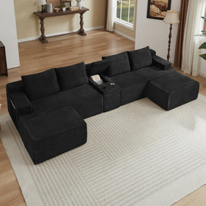 English Elm Compressible Corduroy U-Shaped Sectional Cloud Sofa Modular Living Room Couch Black W2339S00172