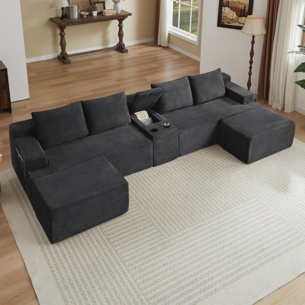 English Elm Compressible Corduroy U-Shaped Sectional Cloud Sofa Modular Living Room Couch Dark Grey W2339S00173