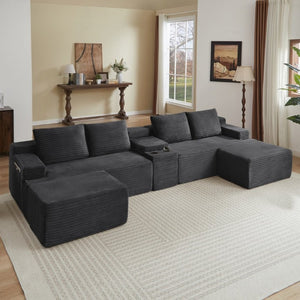 English Elm Compressible Corduroy U-Shaped Sectional Cloud Sofa Modular Living Room Couch Dark Grey W2339S00173