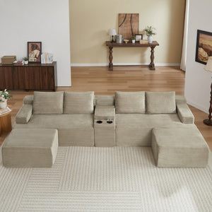 English Elm Compressible Corduroy U-Shaped Sectional Cloud Sofa Modular Living Room Couch Camel W2339S00174