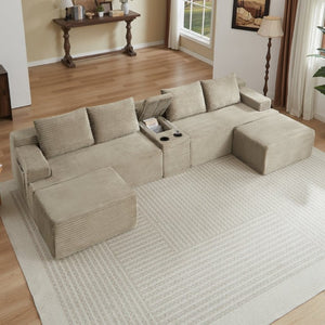 English Elm Compressible Corduroy U-Shaped Sectional Cloud Sofa Modular Living Room Couch Camel W2339S00174