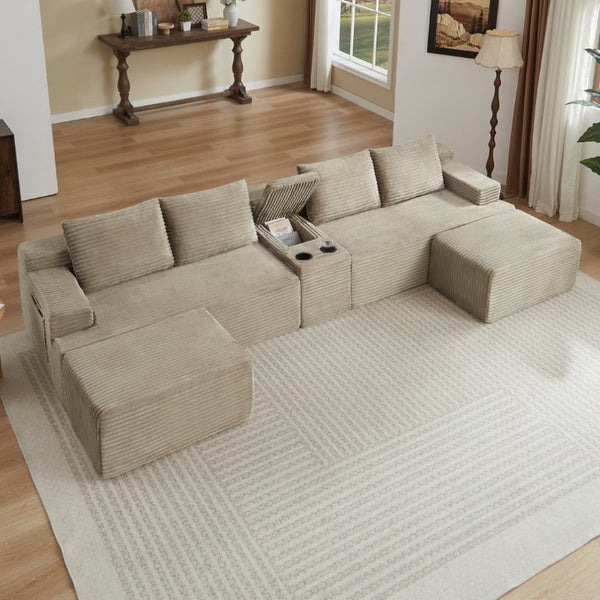English Elm Compressible Corduroy U-Shaped Sectional Cloud Sofa Modular Living Room Couch Camel W2339S00174
