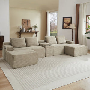 English Elm Compressible Corduroy U-Shaped Sectional Cloud Sofa Modular Living Room Couch Camel W2339S00174