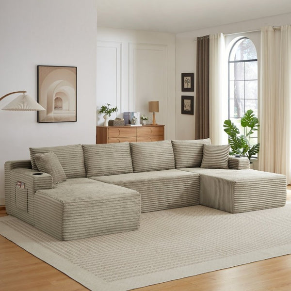 English Elm Chenille Modular U-Shaped Sectional Sofa with Pocket Spring Cloud Comfort for Living Rooms Camel W2339S00175