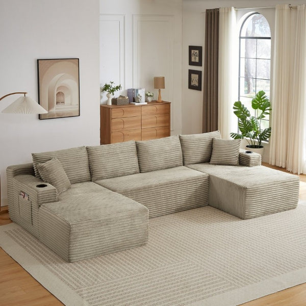 English Elm Chenille Modular U-Shaped Sectional Sofa with Pocket Spring Cloud Comfort for Living Rooms Camel W2339S00175