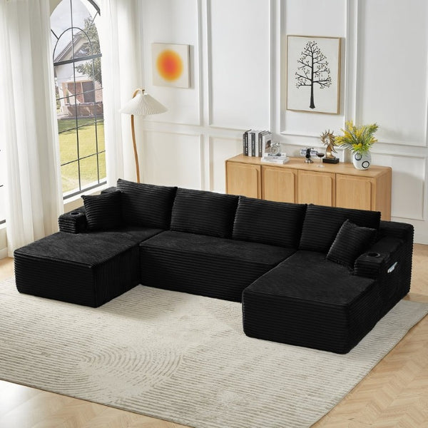 English Elm Chenille Modular U-Shaped Sectional Sofa with Pocket Spring Cloud Comfort for Living Rooms Black W2339S00180