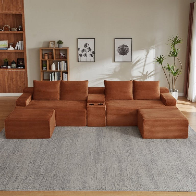 English Elm Compressible U-Shaped Corduroy Sectional Sofa with Cloud Cushioning for Living Rooms W2339S00181