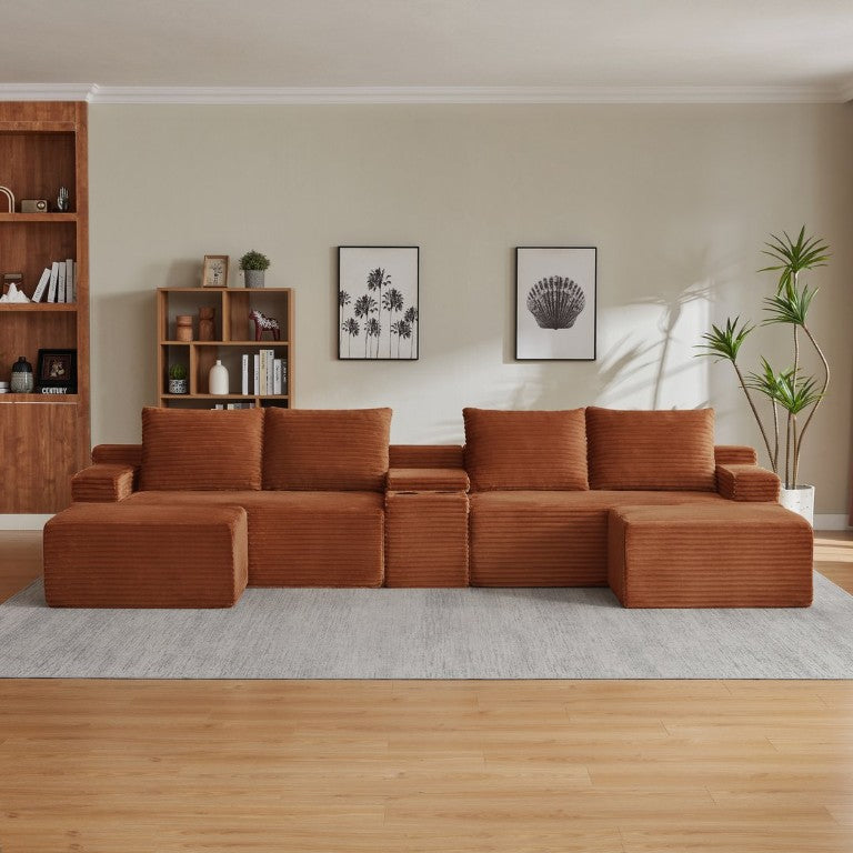 English Elm Compressible U-Shaped Corduroy Sectional Sofa with Cloud Cushioning for Living Rooms W2339S00181