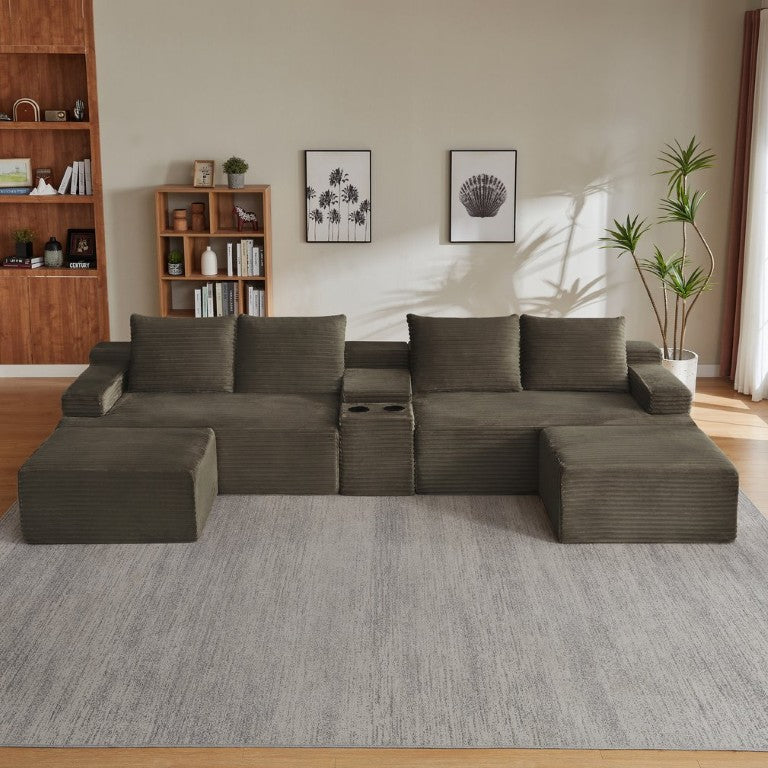 English Elm Compressible U-Shaped Corduroy Cloud Sectional for Minimalist Living Room Lounging W2339S00182