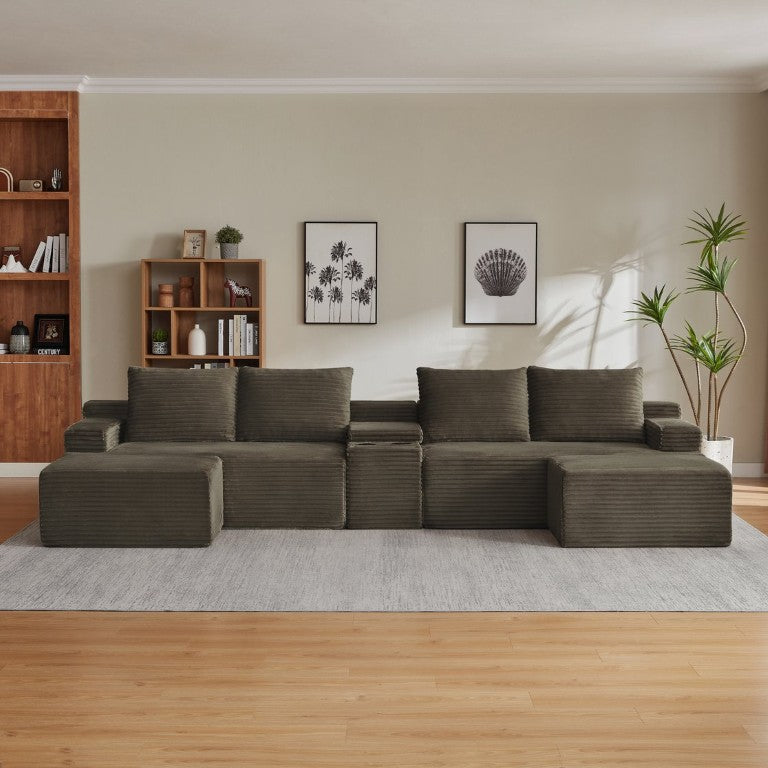 English Elm Compressible U-Shaped Corduroy Cloud Sectional for Minimalist Living Room Lounging W2339S00182