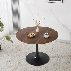 English Elm 42.1" Round Walnut Tone Tulip Pedestal Dining Table Mid Century Modern Seats Six W234P490235