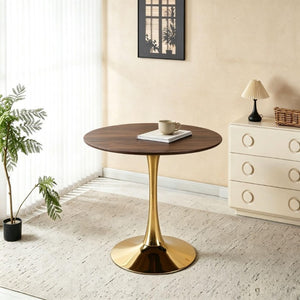 English Elm 31.5Walnut Color Round Tulip Dining Table Mid Century Pedestal Base Seats Four Walnut W234P509882