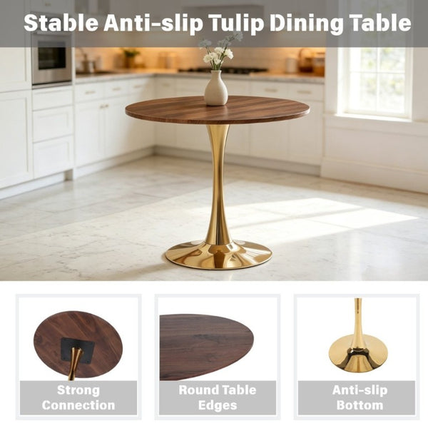English Elm 31.5Walnut Color Round Tulip Dining Table Mid Century Pedestal Base Seats Four Walnut W234P509882