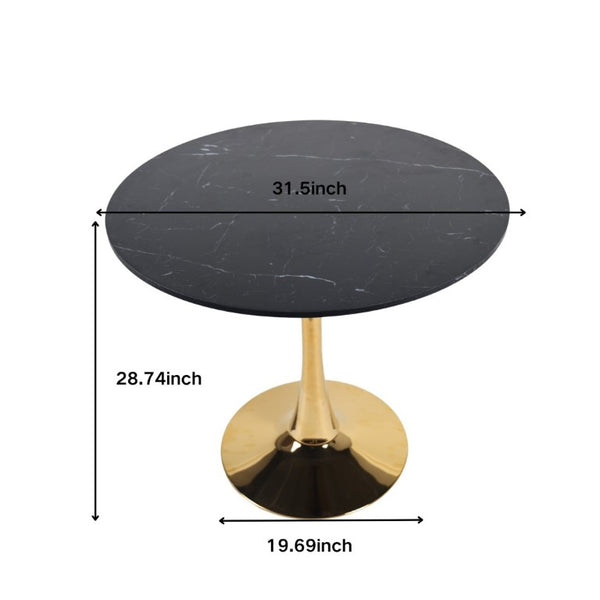 English Elm 31.5Walnut Color Round Tulip Dining Table Mid Century Pedestal Base Seats Four Black Marble W234P509884