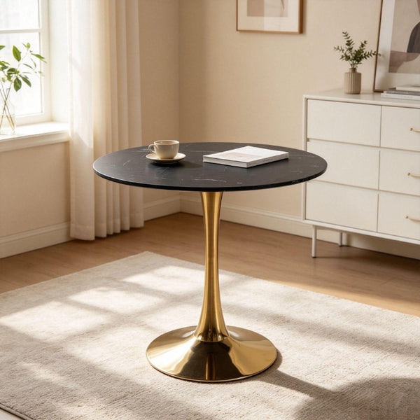 English Elm 31.5Walnut Color Round Tulip Dining Table Mid Century Pedestal Base Seats Four Black Marble W234P509884