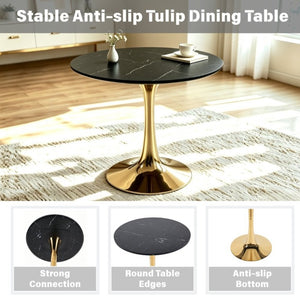 English Elm 31.5Walnut Color Round Tulip Dining Table Mid Century Pedestal Base Seats Four Black Marble W234P509884