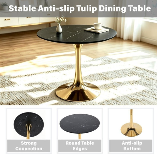 English Elm 31.5Walnut Color Round Tulip Dining Table Mid Century Pedestal Base Seats Four Black Marble W234P509884