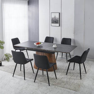 English Elm 1+6 Extendable Matte Black Ceramic Dining Set with Cone Wood Base and PU Chairs W234S00142