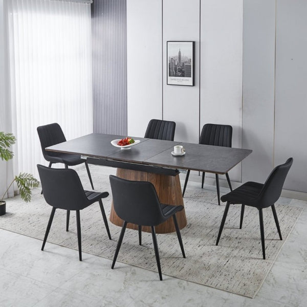 English Elm 1+6 Extendable Matte Black Ceramic Dining Set with Cone Wood Base and PU Chairs W234S00142