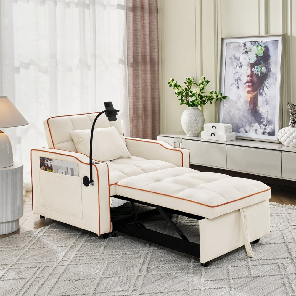 English Elm Convertible Sleeper Chair Velvet Pull Out Sofa Bed with Usb Ports for Small Spaces Beige W2353P536739