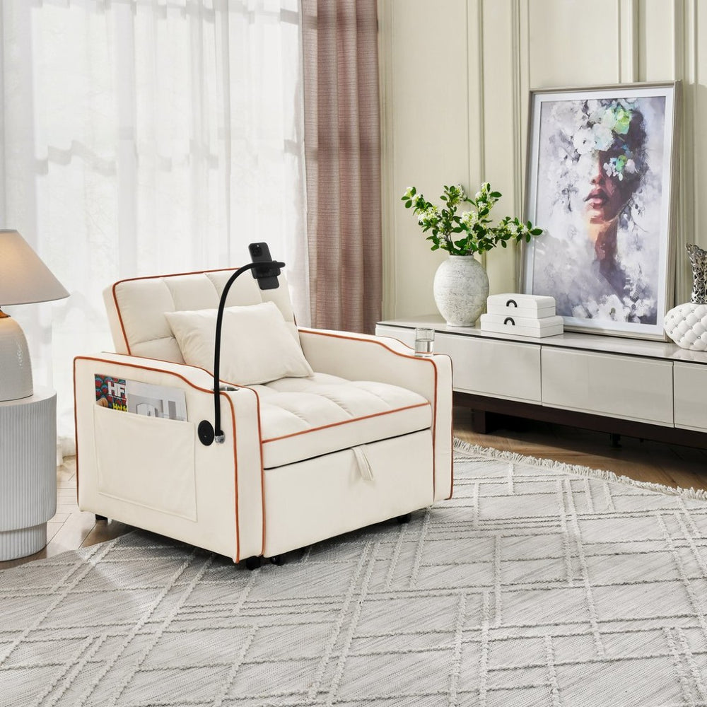 English Elm Convertible Sleeper Chair Velvet Pull Out Sofa Bed with Usb Ports for Small Spaces Beige W2353P536739