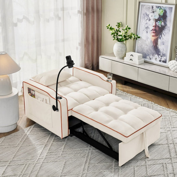 English Elm Convertible Sleeper Chair Velvet Pull Out Sofa Bed with Usb Ports for Small Spaces Beige W2353P536739
