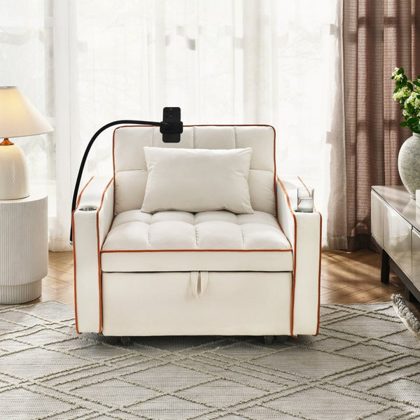 English Elm Convertible Sleeper Chair Velvet Pull Out Sofa Bed with Usb Ports for Small Spaces Beige W2353P536739
