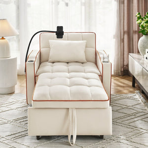 English Elm Convertible Sleeper Chair Velvet Pull Out Sofa Bed with Usb Ports for Small Spaces Beige W2353P536739