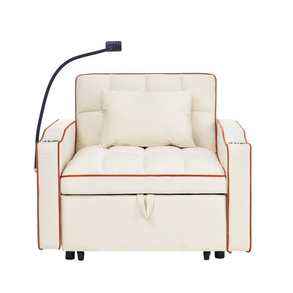 English Elm Convertible Sleeper Chair Velvet Pull Out Sofa Bed with Usb Ports for Small Spaces Beige W2353P536739