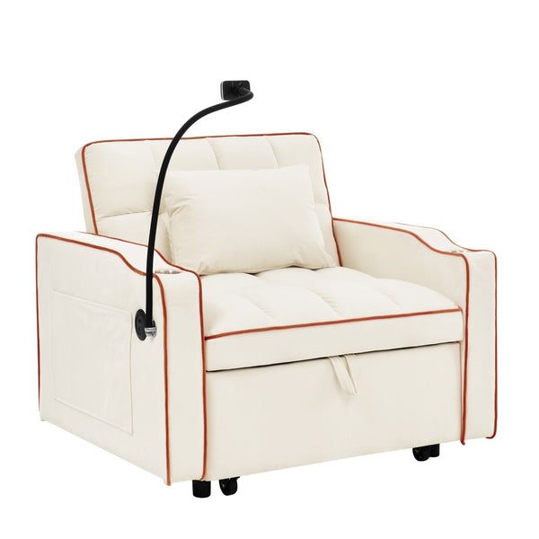 English Elm Convertible Sleeper Chair Velvet Pull Out Sofa Bed with Usb Ports for Small Spaces Beige W2353P536739