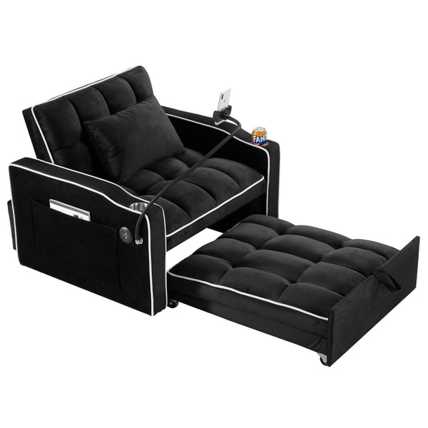 English Elm Convertible Sleeper Chair Sofa Bed with Usb Charging Ports for Studio Apartment Living Black W2353P536740