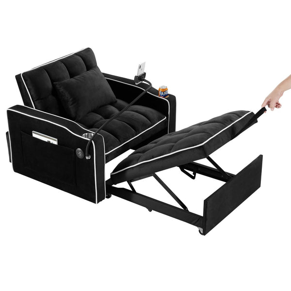English Elm Convertible Sleeper Chair Sofa Bed with Usb Charging Ports for Studio Apartment Living Black W2353P536740