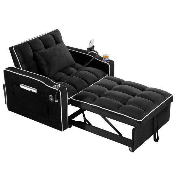English Elm Convertible Sleeper Chair Sofa Bed with Usb Charging Ports for Studio Apartment Living Black W2353P536740