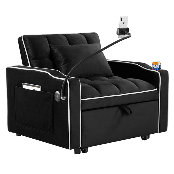 English Elm Convertible Sleeper Chair Sofa Bed with Usb Charging Ports for Studio Apartment Living Black W2353P536740