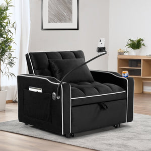 English Elm Convertible Sleeper Chair Sofa Bed with Usb Charging Ports for Studio Apartment Living Black W2353P536740