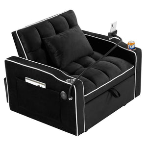 English Elm Convertible Sleeper Chair Sofa Bed with Usb Charging Ports for Studio Apartment Living Black W2353P536740