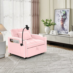 English Elm Convertible Sleeper Chair Velvet Pull Out Sofa Bed with Usb Ports for Small Spaces Pink W2353P536742