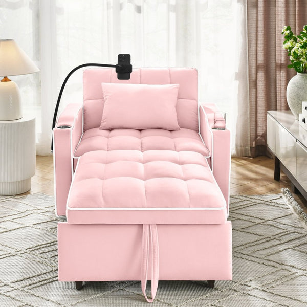 English Elm Convertible Sleeper Chair Velvet Pull Out Sofa Bed with Usb Ports for Small Spaces Pink W2353P536742