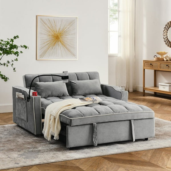 English Elm 64.56 Inch Grey Velvet Futon Sofa Bed with USB Port Swivel Stand and Sinuous Spring Support W2353P556660