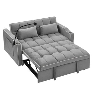 English Elm 64.56 Inch Grey Velvet Futon Sofa Bed with USB Port Swivel Stand and Sinuous Spring Support W2353P556660
