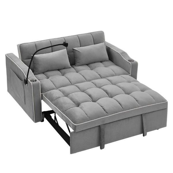 English Elm 64.56 Inch Grey Velvet Futon Sofa Bed with USB Port Swivel Stand and Sinuous Spring Support W2353P556660