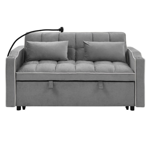 English Elm 64.56 Inch Grey Velvet Futon Sofa Bed with USB Port Swivel Stand and Sinuous Spring Support W2353P556660