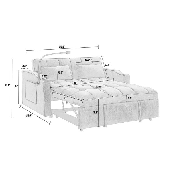 English Elm 64.56 Inch Grey Velvet Futon Sofa Bed with USB Port Swivel Stand and Sinuous Spring Support W2353P556660