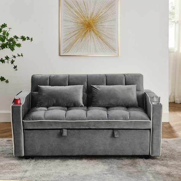 English Elm 64.56 Inch Grey Velvet Futon Sofa Bed with USB Port Swivel Stand and Sinuous Spring Support W2353P556660
