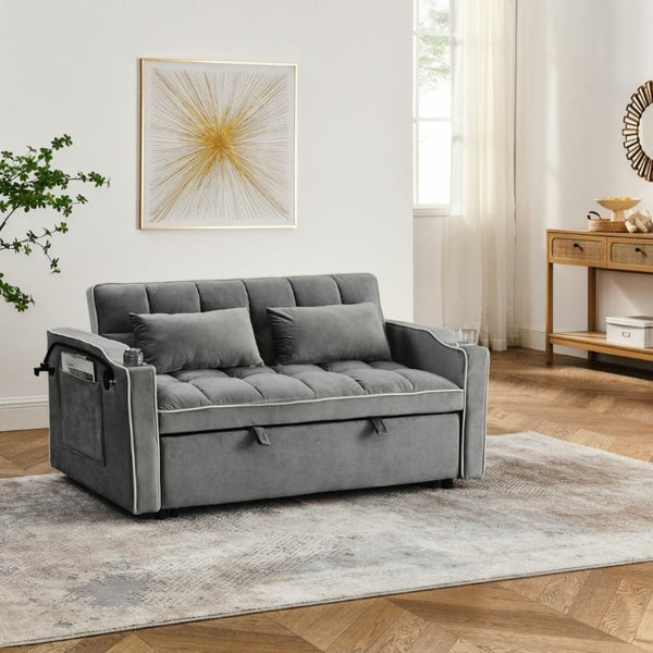 English Elm 64.56 Inch Grey Velvet Futon Sofa Bed with USB Port Swivel Stand and Sinuous Spring Support W2353P556660