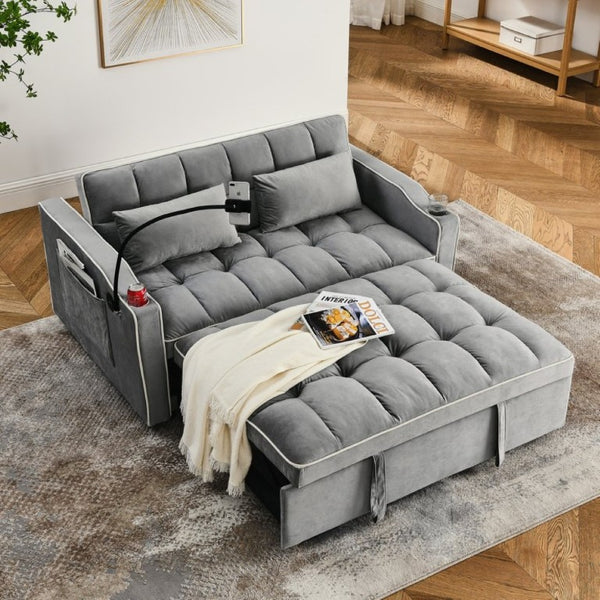English Elm 64.56 Inch Grey Velvet Futon Sofa Bed with USB Port Swivel Stand and Sinuous Spring Support W2353P556660