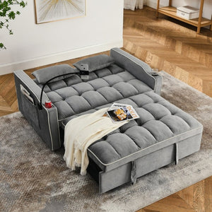 English Elm 64.56 Inch Grey Velvet Futon Sofa Bed with USB Port Swivel Stand and Sinuous Spring Support W2353P556660