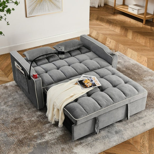 English Elm 64.56 Inch Grey Velvet Futon Sofa Bed with USB Port Swivel Stand and Sinuous Spring Support W2353P556660