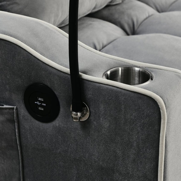 English Elm 64.56 Inch Grey Velvet Futon Sofa Bed with USB Port Swivel Stand and Sinuous Spring Support W2353P556660